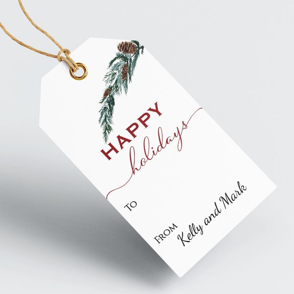 EDITABLE PRINTABLE PERSONALIZED Happy Holidays Gift or  Favor Tags with Pine Cone Stem