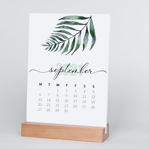 2024  Desk Calendar with watercolor leaves, Desktop Calendar with Stand , watercolor botanical leaves with wooden block