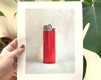 Rode bic-aanstekerprint, fine-art gicléeprints, kunst aan de muur, edgy esthetisch decor, reproductiekunstwerk, kunst aan de muur, kunst aan de muur