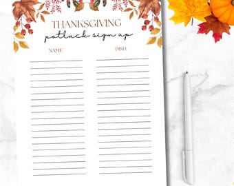 Thanksgiving Potluck Sign-Up Sheet Printable - Watercolor Fall Florals Design - Holiday Dinner Planner - Festive Potluck Organizer