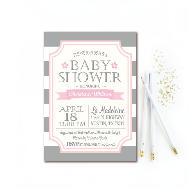 Gray & Pink Baby Shower Invitation Gray and White Stripe Etsy