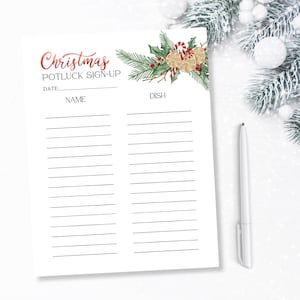 May include: Printable Christmas potluck sign-up sheet with a festive watercolour design of pine branches, holly, candy canes, and orange slices. The sheet has columns for names and dishes.