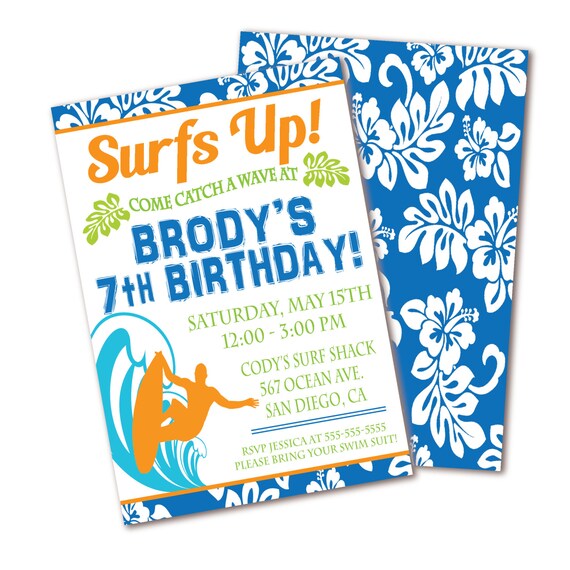 surf birthday invitation beach party boys birthday party