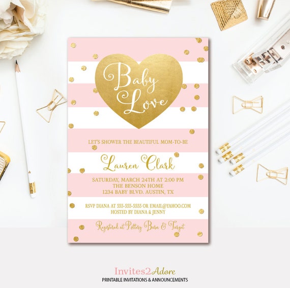 Heart Baby Shower Invitation Pink & Gold Confetti Stripe Girl Etsy