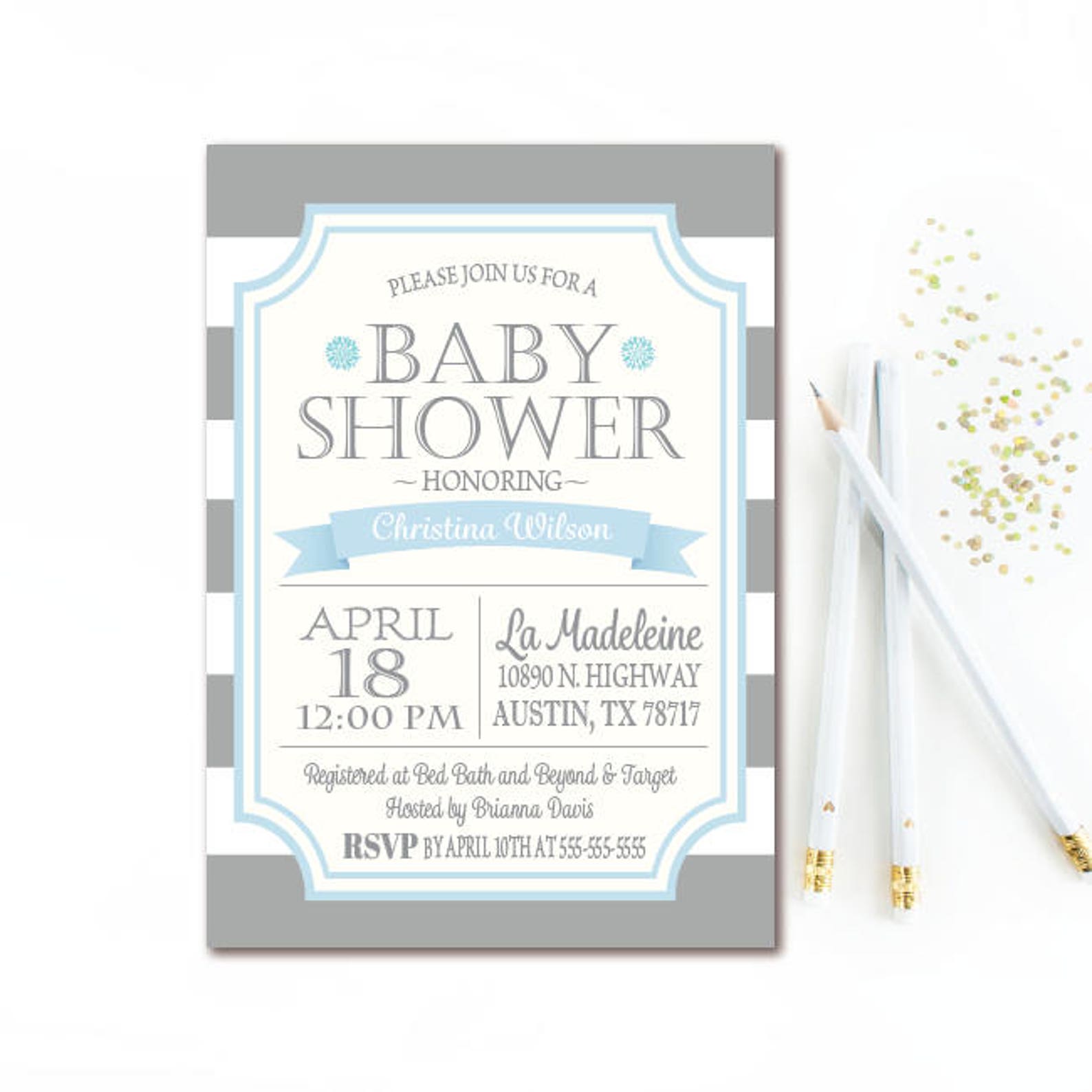 Gray & Blue Baby Shower Invitation Gray and White Stripe Boy Etsy