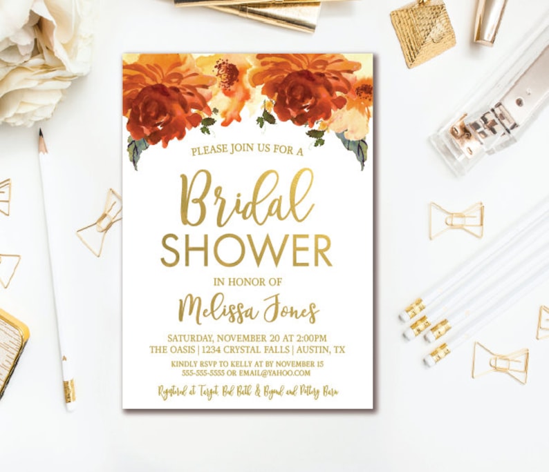 Tumble Floral Bridal Shower Invitation - Orange Gold Floral Wedding day Shower - Printable Invitations image regarding Bridal Shower Printable Invitations identify Slide Floral Bridal Shower Invitation - Orange Gold Floral Marriage Shower - Printable Invitations