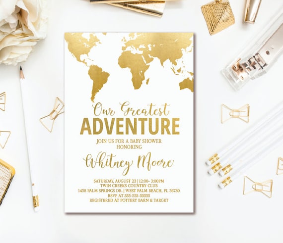 travel baby shower invitation adventure baby shower white gold world map baby shower printable invites travel baby shower invitations