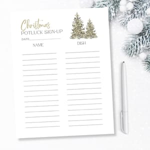 Op de afbeelding: Printbare kerstpotluck-aanmeldingsformulier met een witte achtergrond en een tekening van twee gestileerde kerstbomen. Het aanmeldingsformulier heeft kolommen voor namen en gerechten.