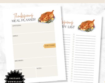 Thanksgiving-Mahlzeiten & Einkaufsplan zum Ausdrucken - Aquarell Türkei Design - Feiertags-Dinner-Organizer - Festlicher Menü-Planer