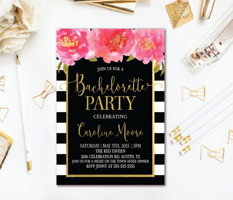 Black & White Stripe Bachelorette Party Invitation Watercolor | Etsy