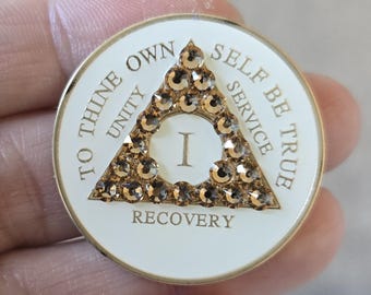 1 Year AA Recovery Coin: White & Gold Sobriety Medallion With Gold CZ Crystals