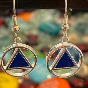 Alcoholics Anonymous Sterling Silver, AA Symbol Earrings with Dark Blue Enamel Inlay
