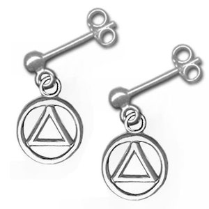 Alcoholics Anonymous Sterling Silver, Small AA Symbol Stud Dangle Earrings