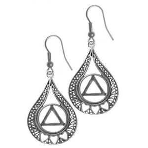 Alcoholics Anonymous Sterling Silver Earrings, AA Circle Triangle w/3 Hearts set in a Filigree Style Tear Drop