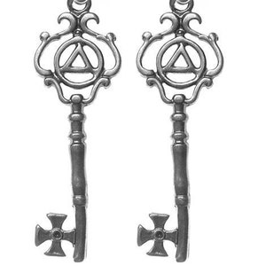 Alcoholics Anonymous Sterling Silver Earrings, AA Symbol inside Antique Style Key, Recovery gift, sobriety jewelry