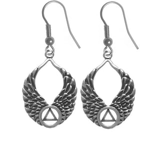 AA Jewelry, Alcoholics Anonymous Sterling Silver Earrings, AA Recovery Symbol on Beautiful Angel Wings