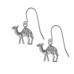 May include: A pair of silver dangle earrings featuring a camel charm. The camel is depicted in a standing position with its head turned to the side.