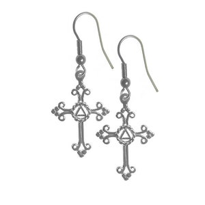 Alcoholics Anonymous Sterling Silver Earrings, AA Symbol Set in a Open Cross