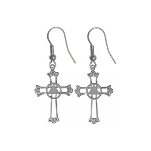 Alcoholics Anonymous Sterling Silver Earrings, AA Symbol with Solid Triangle Set in a Open Cross