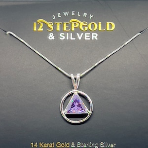 Puede incluir: Un collar de plata con un colgante que presenta un triángulo morado dentro de un círculo. El colgante está inscrito con las palabras "12 Step Gold & Silver". El collar se muestra sobre un fondo negro con las palabras "Jewelry 12 Step Gold & Silver 14 Karat Gold & Sterling Silver" impresas en la tarjeta.