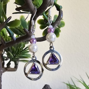 AA Alcoholics Anonymous Beaded Earrings Sterling Silver CZ Re-Birthstone Triangle