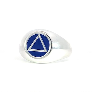 Alcoholics Anonymous Sterling Silver Men&#39;s Ring, AA Symbol with Blue Enamel Inlay