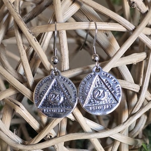 Recovery Medallion Earrings 24 Hour Mini, Sterling Silver, Serenity Prayer on Back