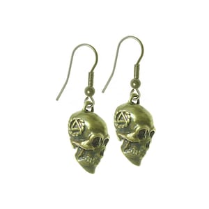 Alcoholics Anonymous Brass Earrings, 3d Skull with AA Symbol on Both Sides, Antiqued Finish