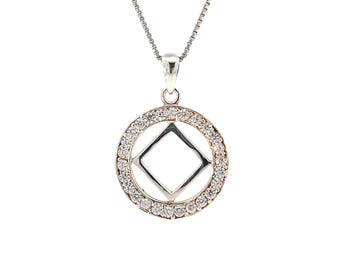 Narcotics Anonymous Set of NA Symbol CZ Pendant with  Med. Box Chain,  Available in 3 Different Lengths