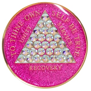 AA-Chip | AA Nüchternheit Chip | Pink, Glitter, AA Münze mit Ab Bling Kristallen