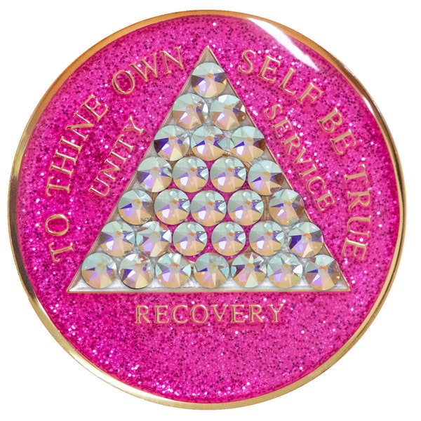 Sobriety Chip AA Pink Glitter Timeless Triplate