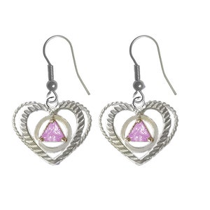 Alcoholics Anonymous Sterling Silver Earrings, AA Symbol Heart, Available in 12 Different 5mm Cubic Zirconia Triangle Re-Birthstones