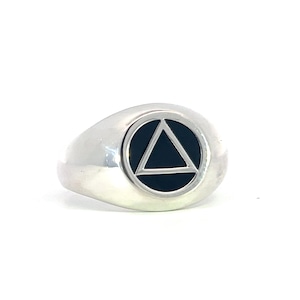 Alcoholics Anonymous Men&#39;s Ring Sterling Silver , AA Symbol with Black Enamel Inlay