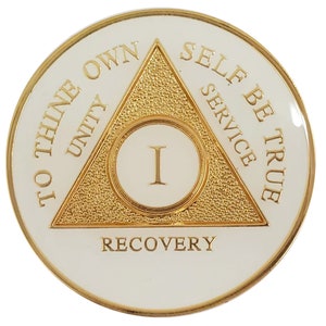 1 Year AA Recovery Coin: White & Gold Sobriety Medallion