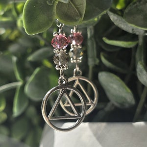 Alcoholics Anonymous Beaded Earrings with AA Symbol and Pink Glass Beads