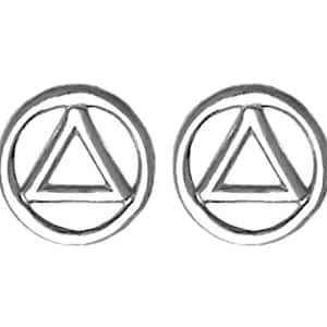 May include: A pair of silver earrings featuring a circle with a triangle inside. The triangle is outlined and the circle is solid.