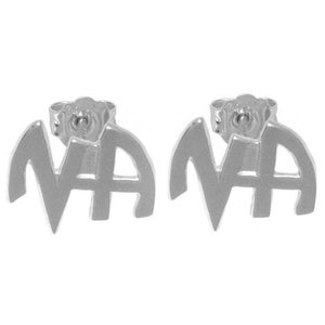 May include: A pair of silver earrings with the word "MAMA" spelled out in a stylized font.