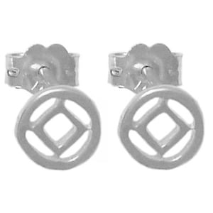 May include: A pair of silver-colored stud earrings. Each earring features a circular design with a square in the center. The earrings have a post and backing for secure wear. The earrings are displayed against a white background.