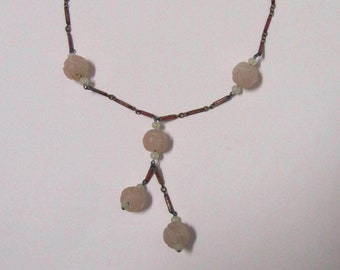 Antique Art Deco  Carved Rose Quartz Bead Enamel Necklace Flapper Beads