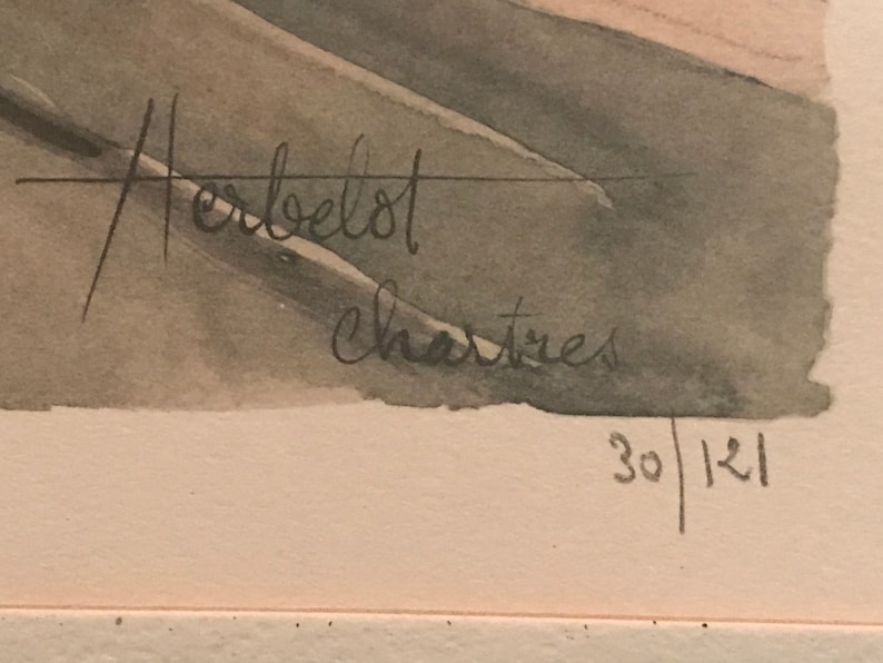 May include: A black and white watercolor painting with a signature that reads "Herbelot Chartres" and the number "30/121" in the bottom right corner.