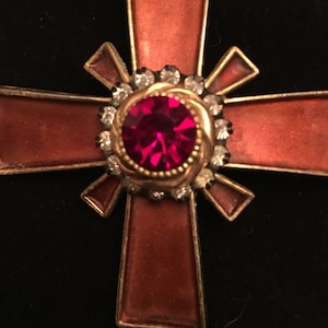 Rare Vintage Gold Tone Enamel Rhinestone Cross Brooch - Signed HAR - 2 1/2 &quot;