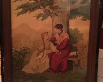 Antique German Lithograph - Mother and Her Daughter