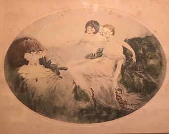 Vintage Art Deco Print Etching French Dolls Cote Bernart Boudoir Hand Colored