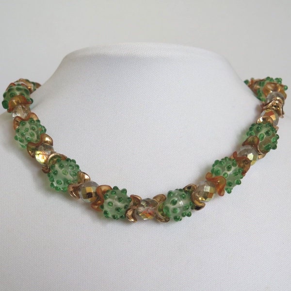 Vintage 1960’s Sputnik Givre Blown Green Art Glass AB Bead 71g Necklace