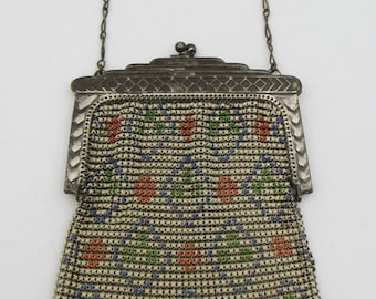 Vintage Whiting & Davis Art Deco Enamel Mesh Purse Enameled Flapper Handbag