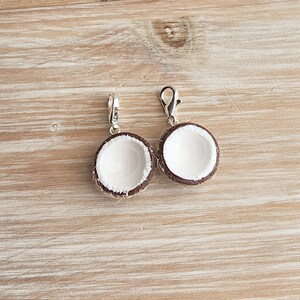 May include: Two silver charm pendants shaped like halved coconuts with brown outsides and white insides. The charms are hanging from silver jump rings.