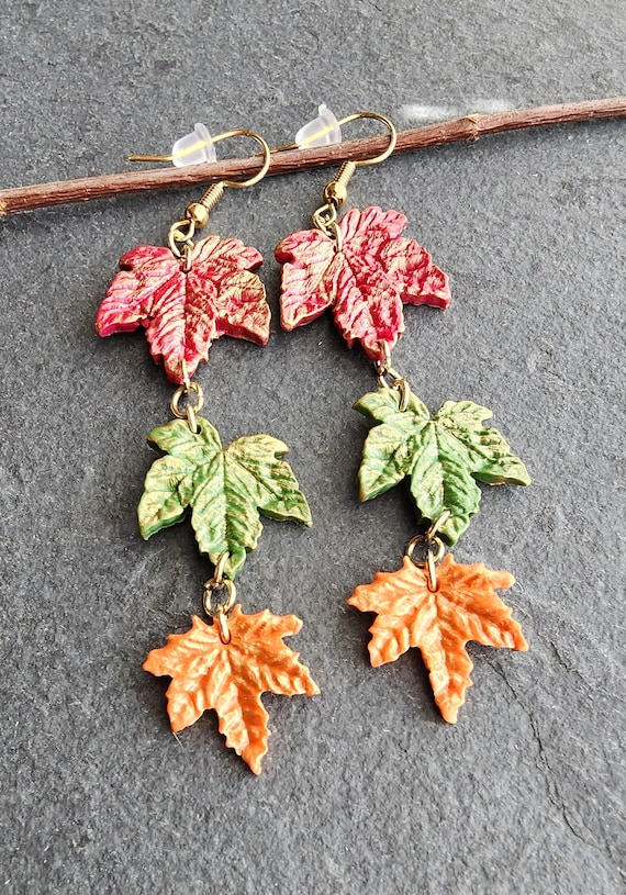 Handmade Polymer Clay Maple Leaf Earrings: Fall Autumn Jewelry