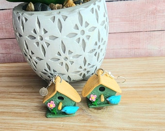 Birdhouse Earrings,Handmade Birdhouse,Polymer Clay Earrings,Whimsical Earrings,Miniatures