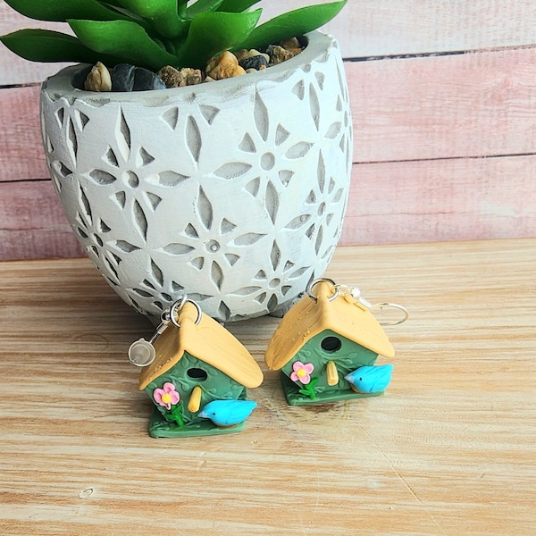 Birdhouse Earrings,Handmade Birdhouse,Polymer Clay Earrings,Whimsical Earrings,Miniatures