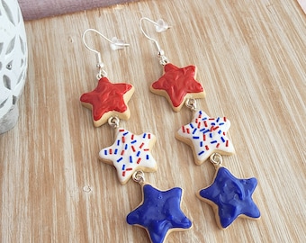 Rood-witte en blauwe suikerkoekoorbellen | Handgemaakte zomersieraden van polymeerklei